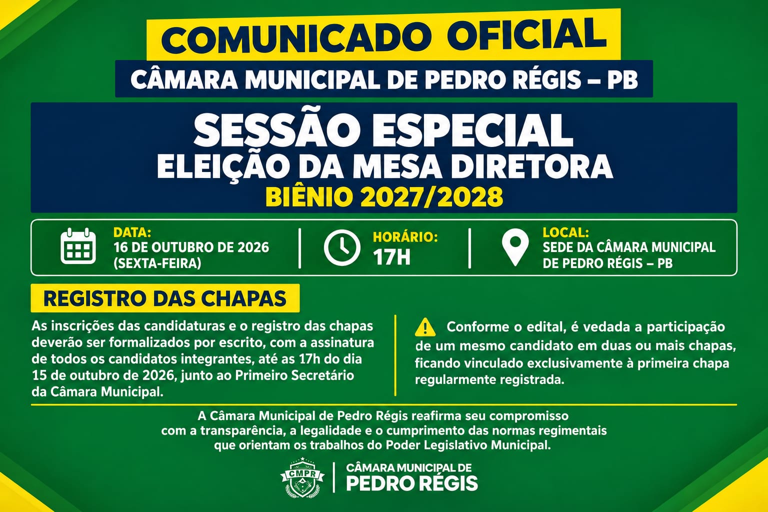 CMPR divulga edital para eleição da nova Mesa Diretora